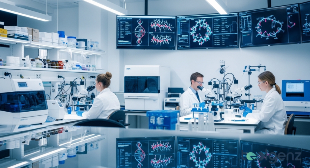 Scientists in lab coats conduct experiments in a modern laboratory, with large monitors displaying complex DNA structures and molecular models. This scene illustrates specialty programs and advanced research opportunities in biological sciences.