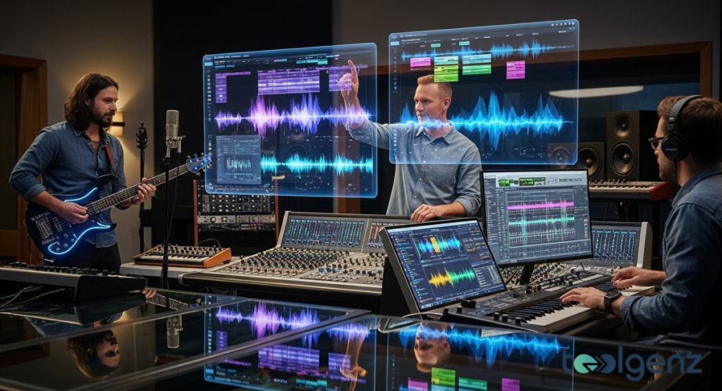 Three musicians work in a futuristic studio with floating holographic audio editors. A producer adjusts waveforms on transparent screens while a guitarist records nearby; Stability AI tools visualize the sound.