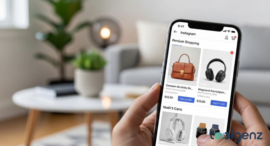 A hand holds a smartphone displaying a "Premium Shopping" app interface featuring various products. The screen shows handbags, headphones, and watches, all available for purchase with price tags.