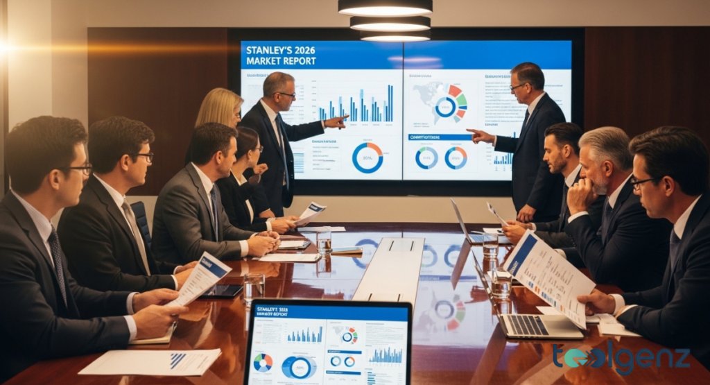 Executives gather around a conference table as presenters point to a screen titled STANLEY’S 2026 MARKET REPORT.