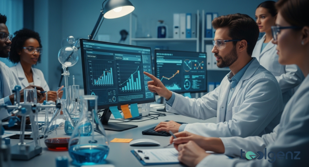 A team of scientists in a lab reviews data on a computer screen, displaying growth charts and performance metrics, while discussing findings.