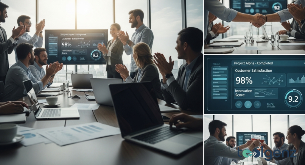 A dynamic collage showing a business team applauding a successful project presentation. Close-ups feature a handshake, a celebratory toast, and a detailed project dashboard.