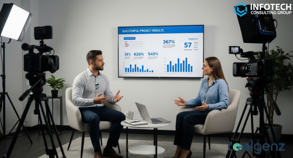 Two individuals seated in a professional studio, engaged in a conversation with a screen behind them displaying "Successful Project Results." The scene suggests an interview or testimonial, showcasing project achievements.
