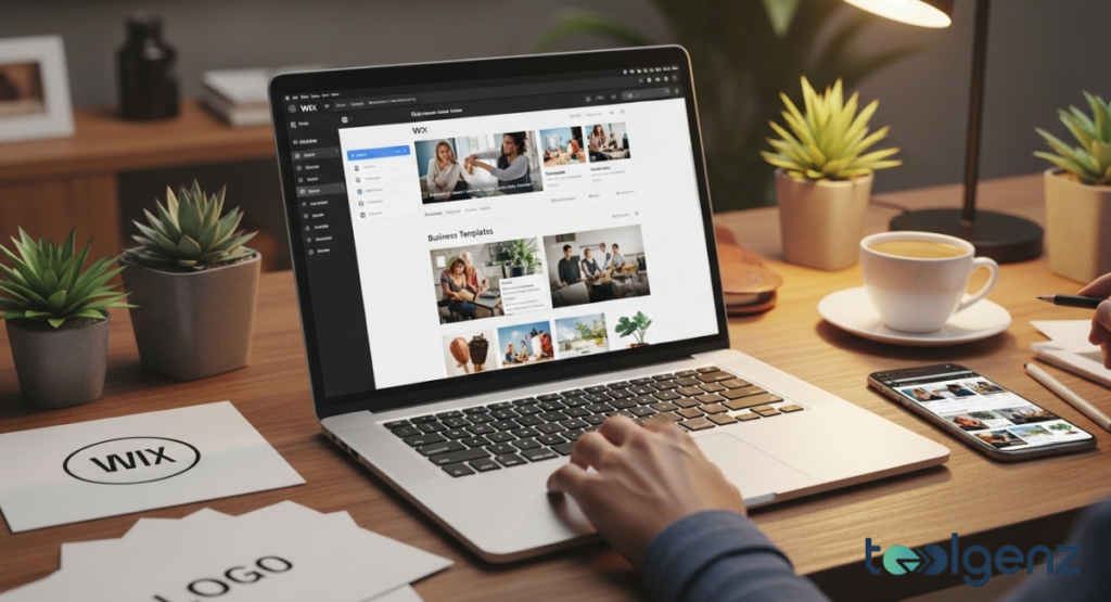 Hands typing on a laptop open to the Wix website builder, showing "Business Templates" for creating online presence. This represents examples of successful tech businesses built on platforms like Wix.