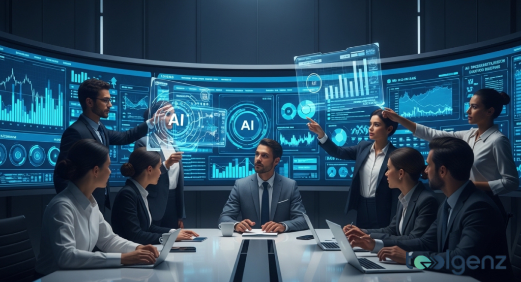 Business team around a table reviews floating holographic charts labeled “AI” on a curved wall of data displays.