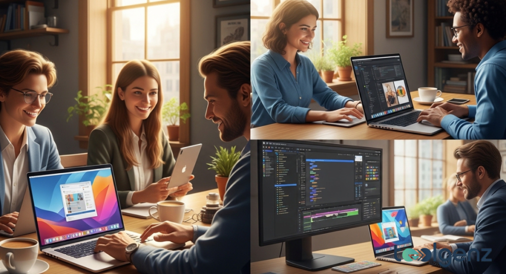 Professionals collaborating on laptops and tablets in a modern, sunlit workspace, featuring code editors and design software. This image highlights the dynamic talent culture and the future of work in AI-first enterprises.