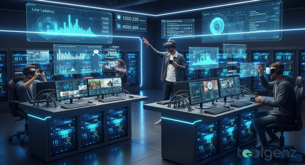 A futuristic control room with servers, holographic charts, and VR headsets. Three engineers interact with floating “Low Latency” analytics displays.