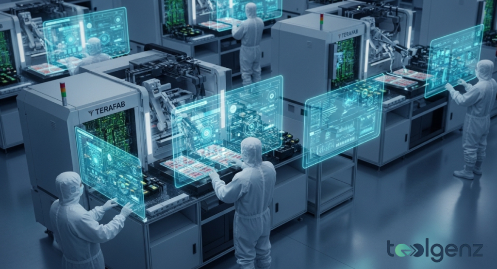 Cleanroom technicians in white bunny suits operate Terafab machines with floating holographic dashboards.