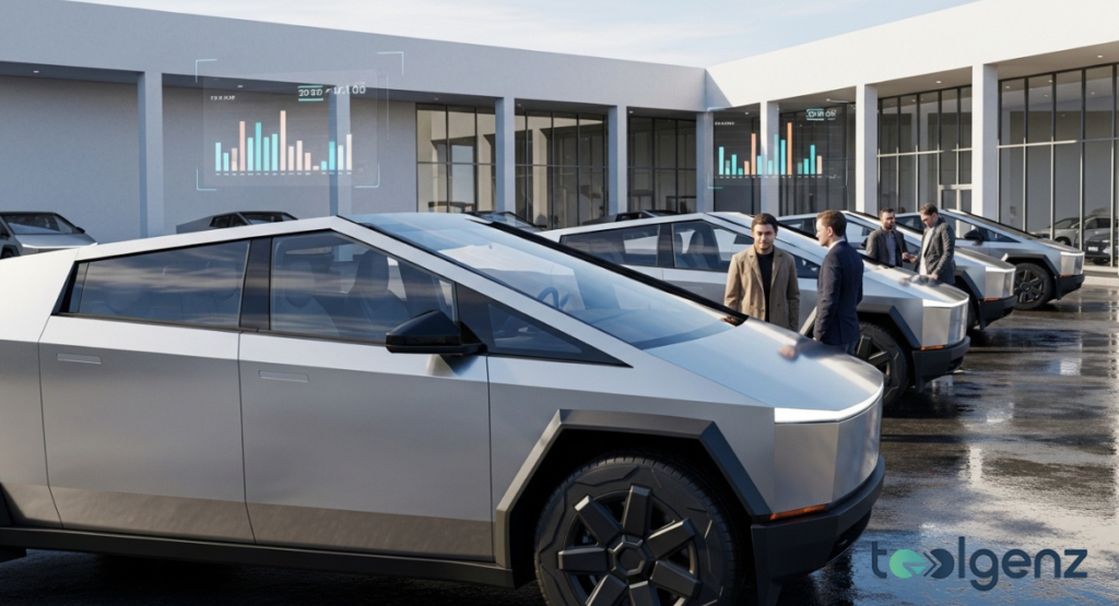 A Tesla dealership lot filled with Cybertrucks, with holographic sales charts floating above them. Customers and staff interact near the vehicles, while digital screens display market performance Tesla Update TheVerge