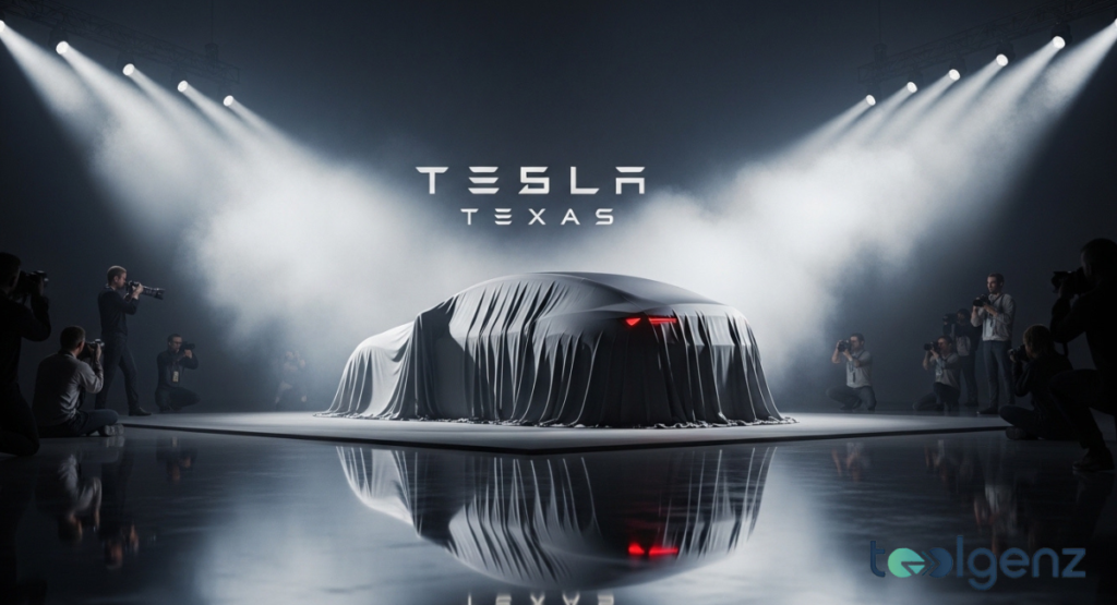 Stage at Giga Texas with a car covered by a gray sheet, illuminated by converging spotlights. Photographers surround the platform as “TESLA TEXAS” glows above the veiled silhouette.