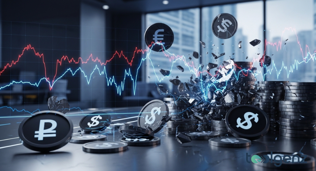 Currency coins explode across a desk while red and blue financial charts spike behind them. Shattered fragments and volatile lines suggest a sudden collapse in monetary value.