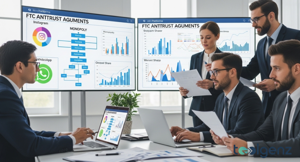 Business team reviews charts labeled “FTC ANTTRUST AGUMENTS” with Instagram and WhatsApp logos on large screens.