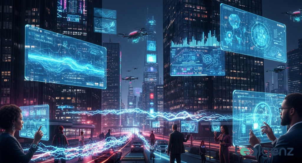 Futuristic cityscape at night showcasing the future of blockchain with holographic interfaces, flying drones, and glowing data streams connecting people and technology.