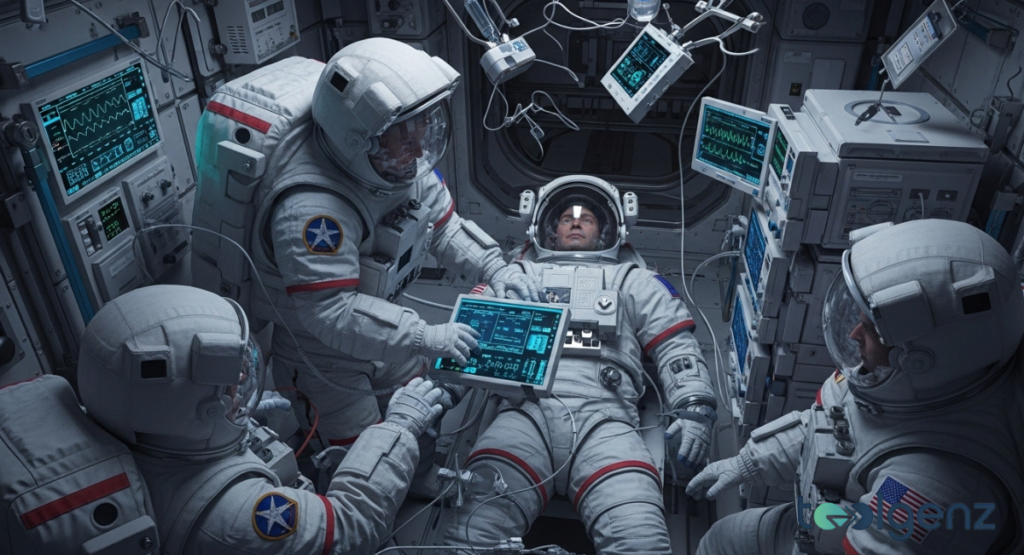 NASA astronauts performing emergency medical procedures on a crew member floating inside the space station with Earth visible through the windows.