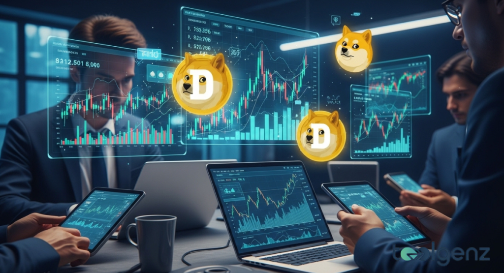 Professionals analyze candlestick charts on laptops and tablets with Dogecoin icons floating above. Holographic graphs and coin emblems dominate a dark office setting.