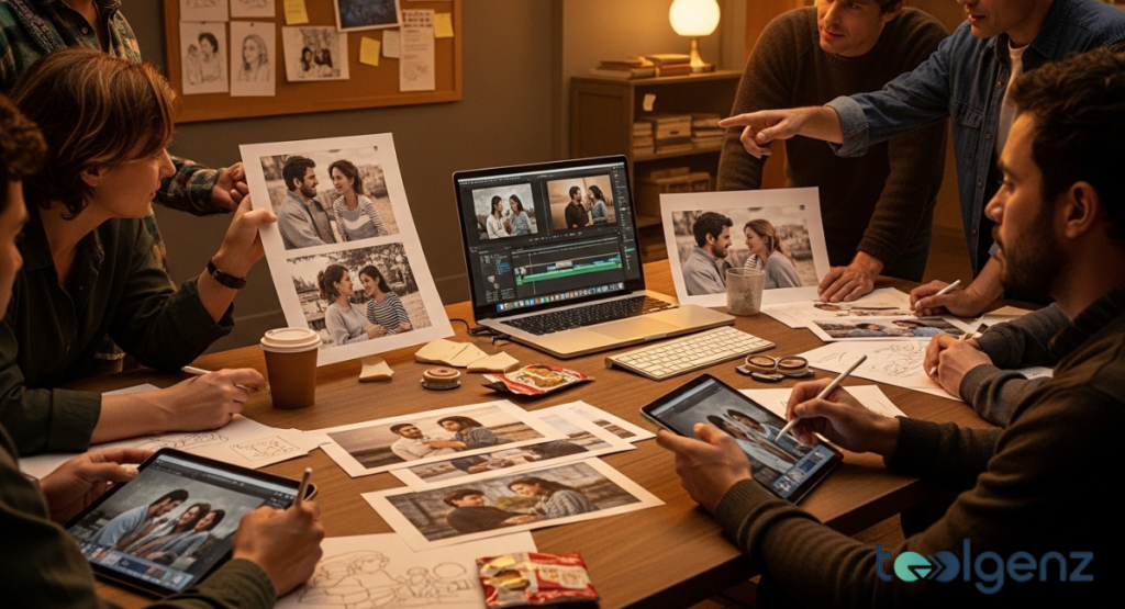 Designers crowd a table covered with printed stills, sketches, and tablets. A laptop shows a video timeline as one person points to a photo.