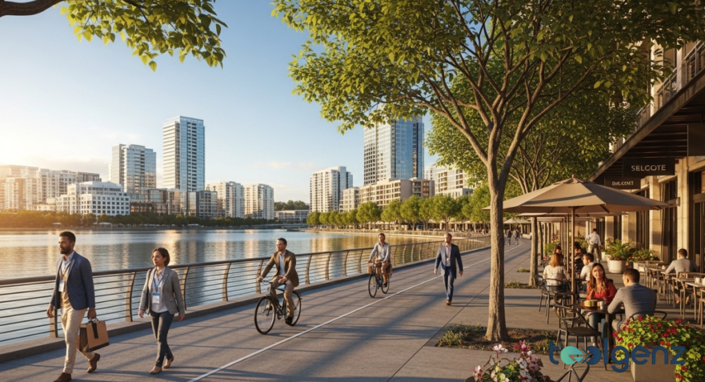 A picturesque waterfront promenade in a modern city, with people walking, cycling, and dining al fresco. The scene showcases a blend of urban living and recreational activities along a serene river or bay.