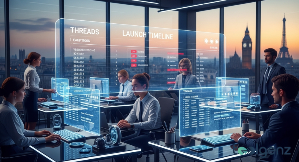 Team members study floating timelines for Threads EU launch schedules in a high-tech office overlooking London and Paris landmarks.