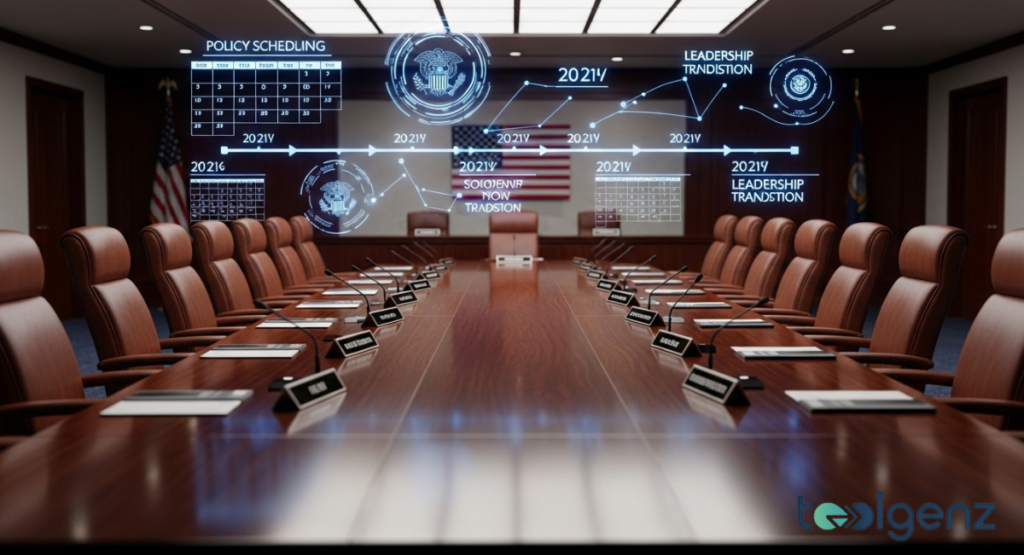 A long, polished boardroom table with empty chairs, set for a high-stakes policy meeting. Holographic screens display a "POLICY SCHEDULING" timeline and "LEADERSHIP TRANSITION" data.