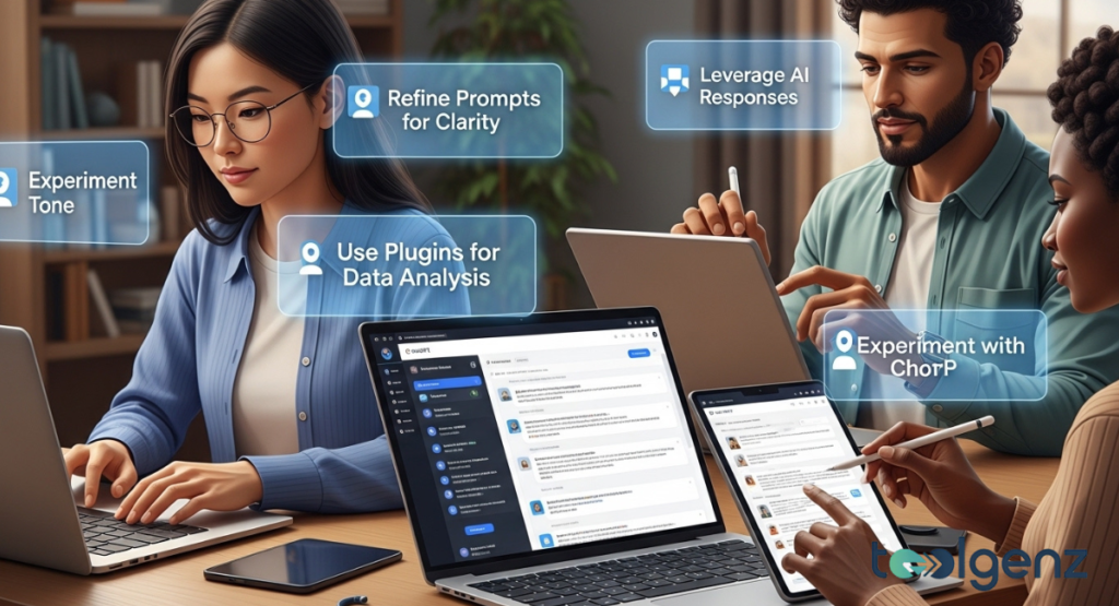 Three colleagues collaborate with laptops while tips float above them. Bubbles read “Refine Prompts,” “Use Plugins,” and “Leverage AI Responses.”