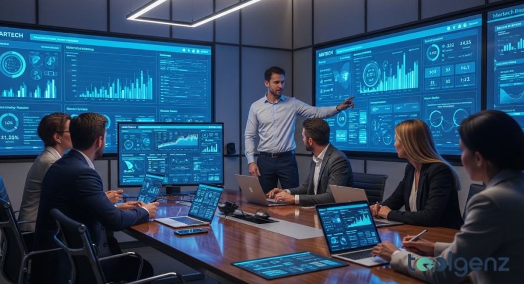A dynamic boardroom scene where a presenter points to a large screen filled with marketing and adtech data. Attendees watch intently as complex charts and graphs detail industry metrics and performance.