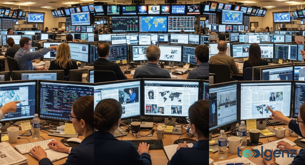 A sprawling newsroom or control center with countless monitors displaying world maps, financial charts, and various news headlines. The complex setup indicates comprehensive coverage across top stories and diverse areas.