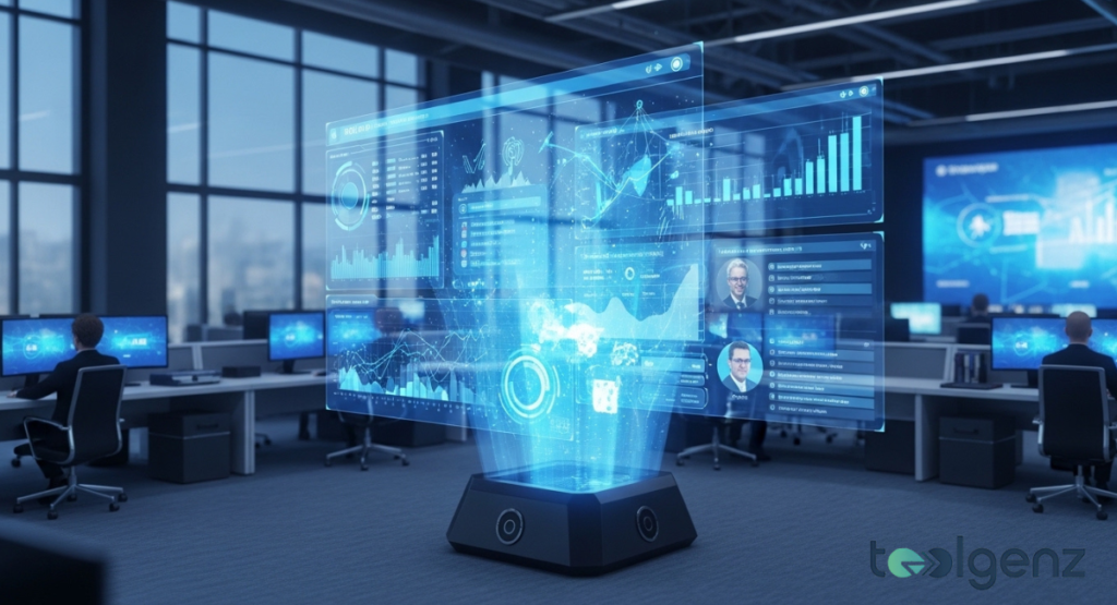 A modern newsroom features a central holographic display projecting analytics and global maps. Employees monitor multiple screens while data visualizations hover in midair.