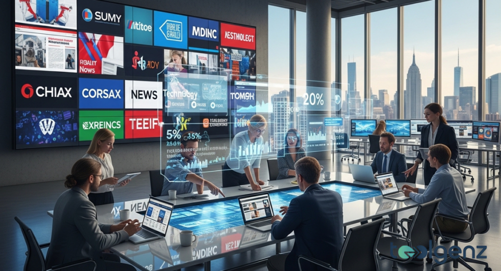 A bustling newsroom with multiple screens displaying various tech news outlets, articles, and data feeds. Executives and analysts collaboratively monitor live media coverage and industry trends in a modern office.