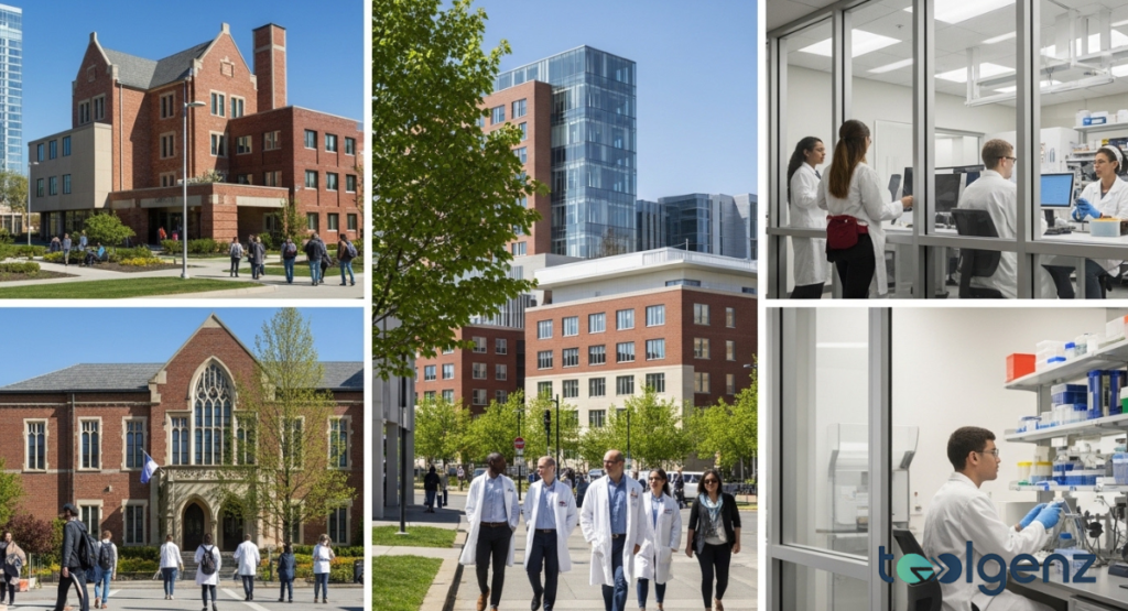 A collage featuring traditional university architecture and modern research labs, with students and faculty in lab coats. These visuals highlight various settings found in top universities for biology, emphasizing both academic and practical environments.