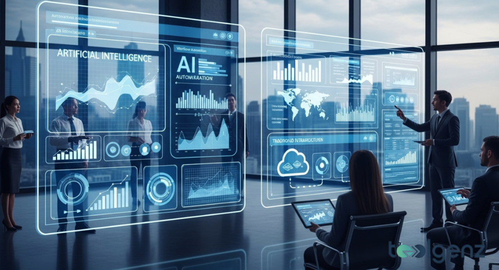 Business leaders presenting in a futuristic office, surrounded by large interactive screens displaying artificial intelligence and automation data. The setting highlights the integration of intelligent solutions into business operations.