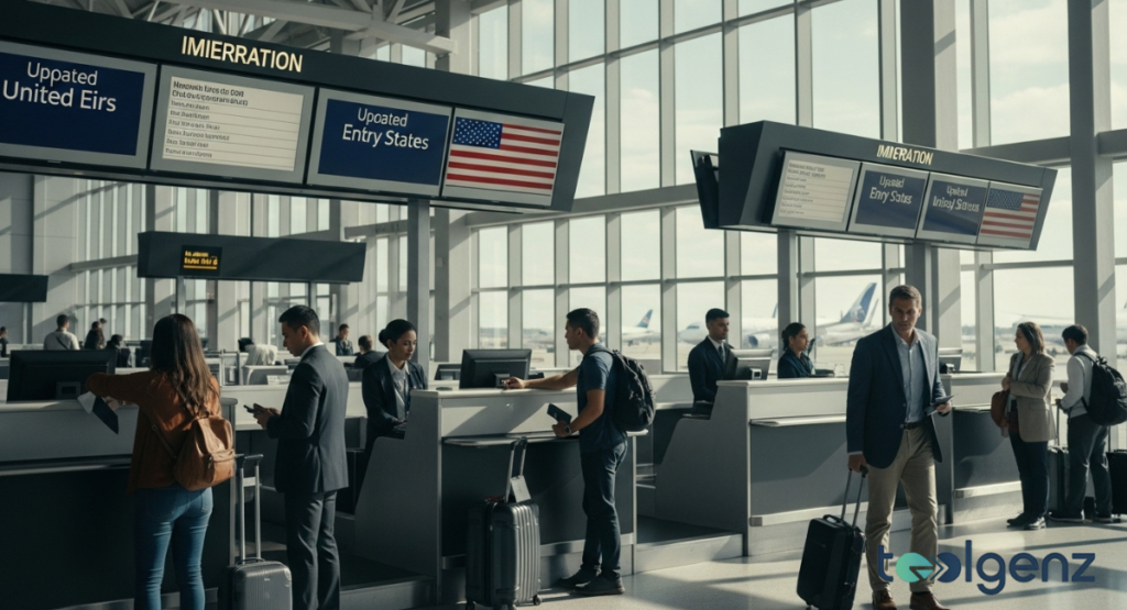 A busy airport immigration hall with travelers queuing at various counters for entry into a country. Digital signs display "IMMIGRATION" and "Entry Status" information, managing visitor arrivals.