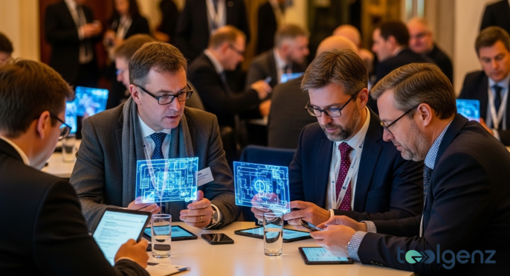 Business leaders in suits examine transparent blueprint holograms during an industry roundtable meeting. Participants at a conference table discuss technical diagrams projected above tablets and smartphones.