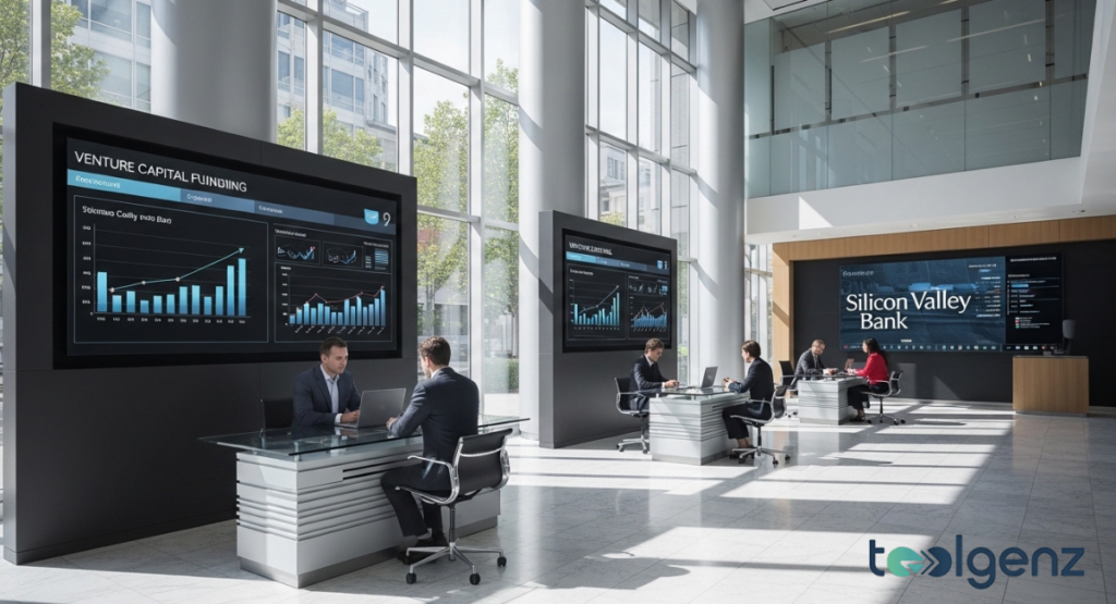 Business professionals meet in a modern, sunlit lobby, discussing "Venture Capital Funding" displayed on screens. One large screen prominently features the "Silicon Valley Bank" logo and financial charts.