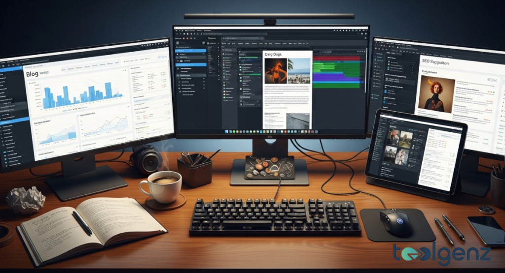 A desk with multiple monitors displaying analytics, content editing tools, and SEO suggestions. A coffee cup, open notebook, and keyboard complete the modern workspace setup.