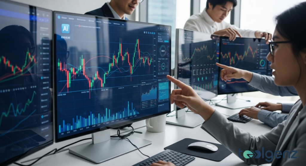 Three analysts point at large desktop monitors displaying candlestick charts, volume bars, and an “AI” label in the corner.