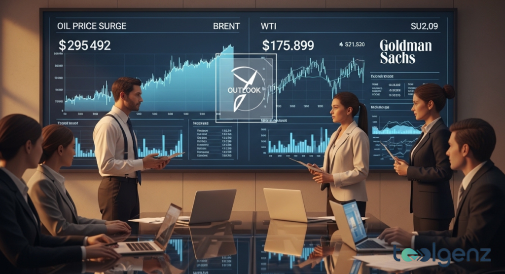 A team of executives from Goldman Sachs meets, analyzing a large screen displaying "OIL PRICE SURGE" data. The screen shows Brent and WTI crude prices, with an "OUTLOOK" forecast amidst financial charts.