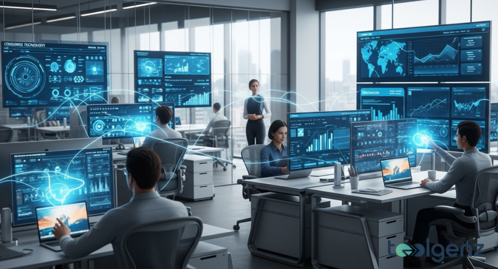 An open-plan office features employees working on laptops surrounded by holographic data projections.