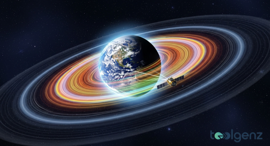 Earth is surrounded by vibrant, colorful, ring-like radiation belts, with a small satellite orbiting within them. This illustrates the complex structure of the Van Allen Radiation Belts and a probe's mission.