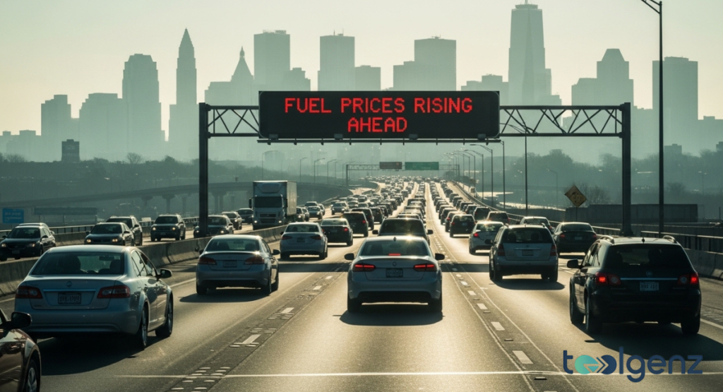 A busy highway leading into a city skyline, with a large overhead sign warning "FUEL PRICES RISING AHEAD." Numerous cars are visible on the multi-lane road under a bright, slightly hazy sky.
