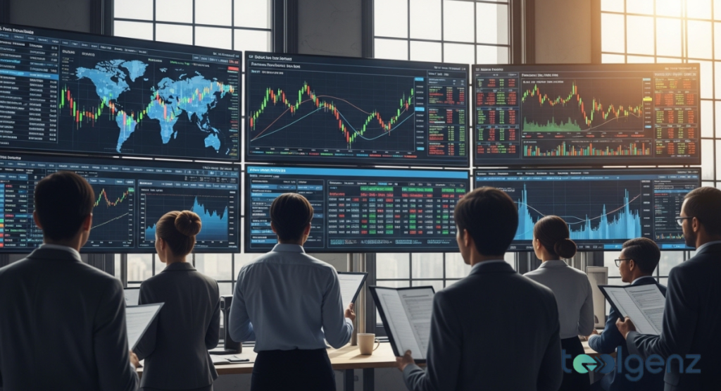 A group of diverse professionals observes large screens displaying global market data and charts. They stand in a modern office, analyzing real-time financial trends and investment opportunities.