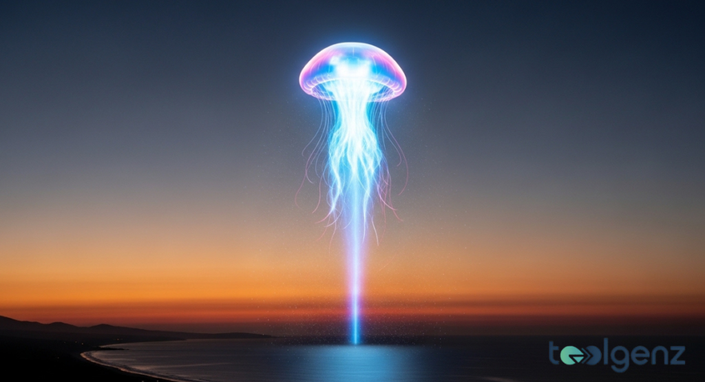 A glowing, ethereal "space jellyfish" hovers above a serene ocean and mountain landscape at dusk. The vibrant, translucent form radiates light, creating a mysterious and beautiful atmospheric phenomenon.
