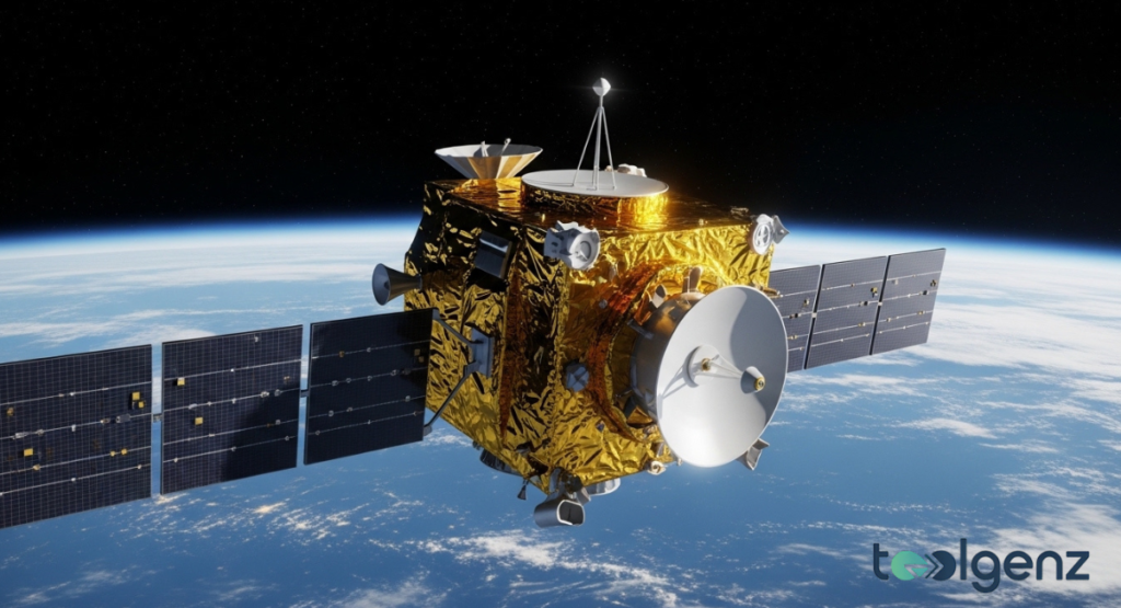 A detailed view of a golden satellite with multiple antennas and solar panels orbiting above Earth. This image depicts a Van Allen Probe, a scientific spacecraft designed for research.