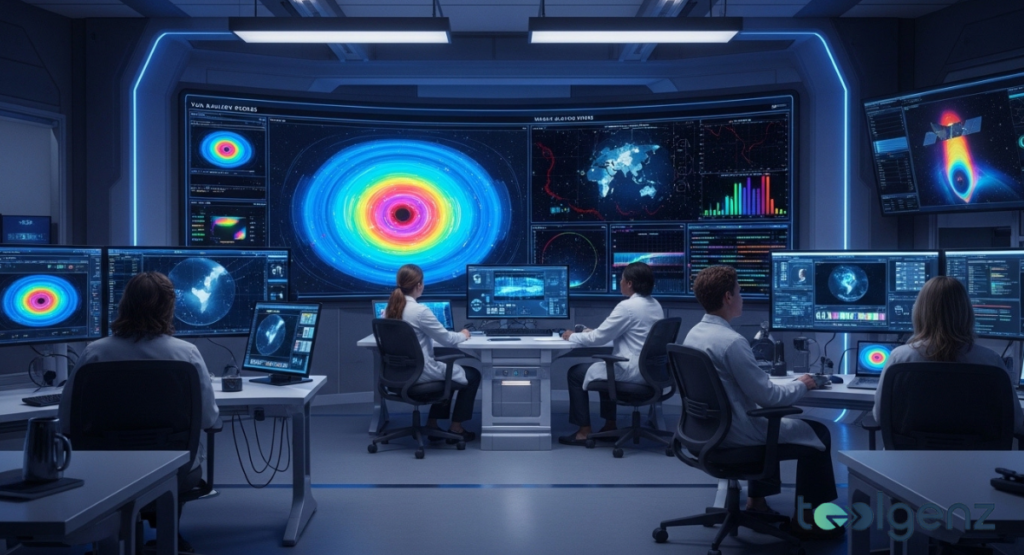 A control room filled with scientists monitoring large screens displaying complex data visualizations of Earth's radiation belts and space weather. This illustrates what scientists learned from the Van Allen Probes mission and ongoing research.