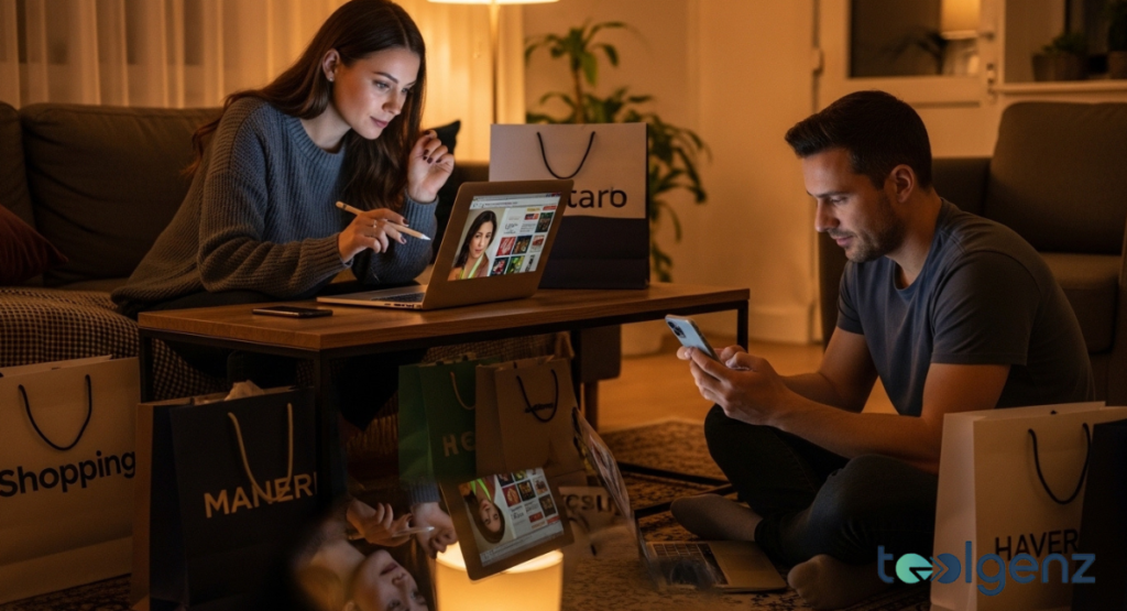 Couple shopping online at home in the evening, surrounded by shopping bags, a laptop, and a phone.