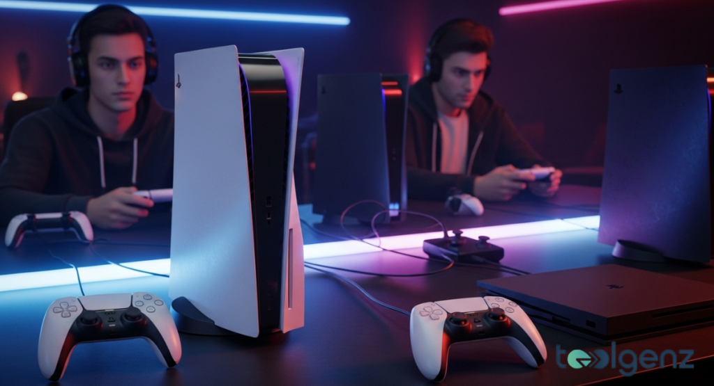 A PlayStation 5 stands upright on a neon-lit desk with two controllers nearby. Two players in headsets focus on gameplay, with an older console visible to the side.