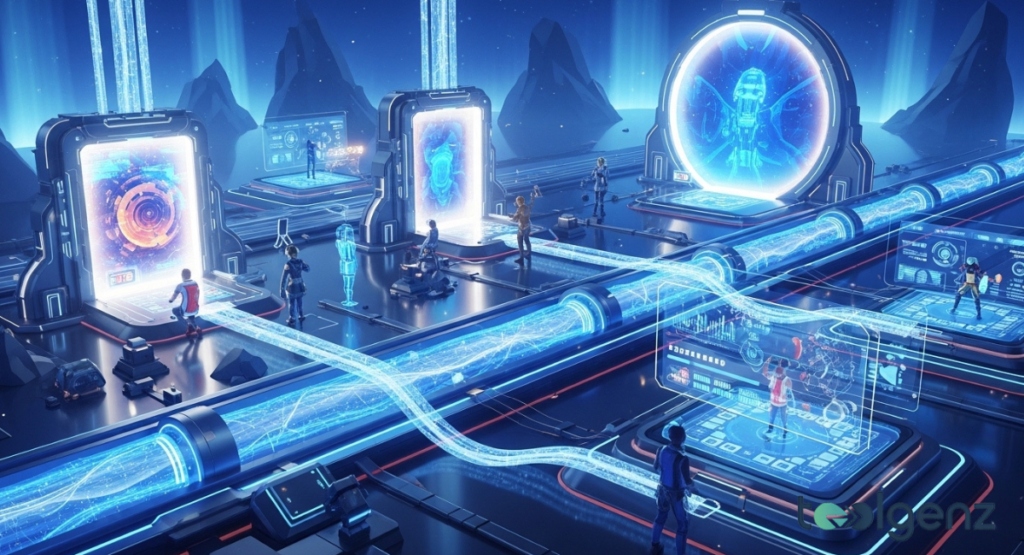 Futuristic portals and glowing data conduits connect players across a blue-lit arena. Holographic screens display user activity as avatars move between gateways.