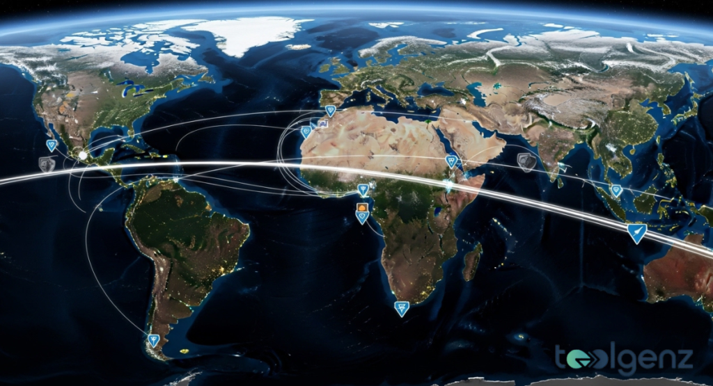 A global map of Earth with various interconnected points and arcs, showing potential trajectories or impact zones for space debris. This visual helps to understand where satellite debris could potentially land.