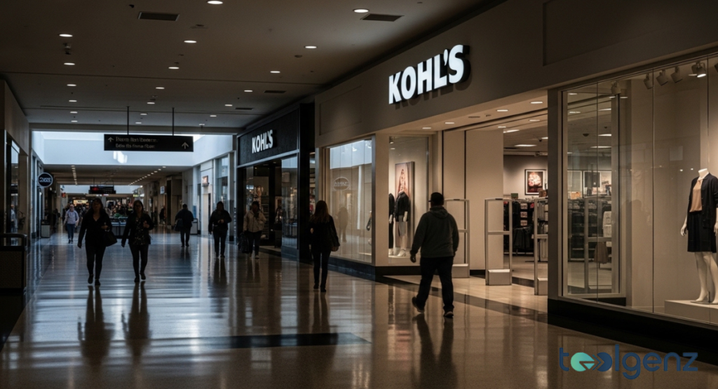 Dimly lit mall corridor outside a Kohl’s entrance with a few silhouetted shoppers.