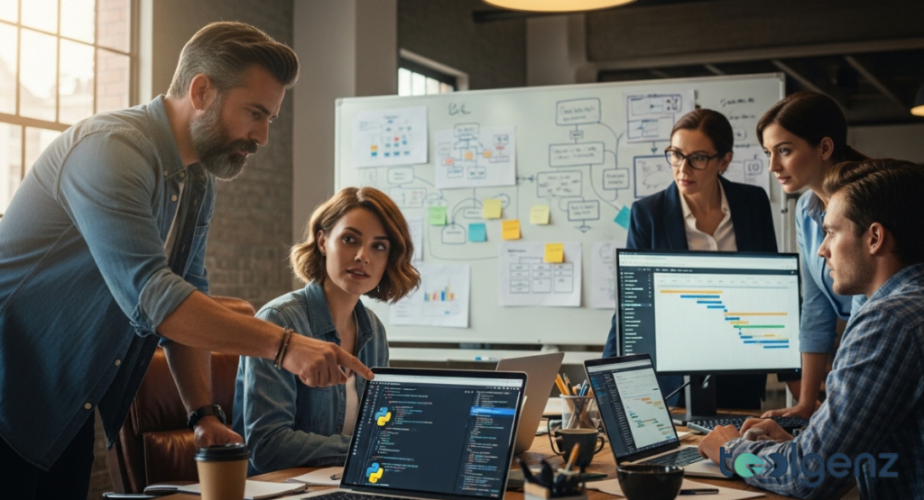 A team of professionals collaborating around a laptop displaying code in a modern office. One man points at the screen, engaging with his colleagues in a discussion.