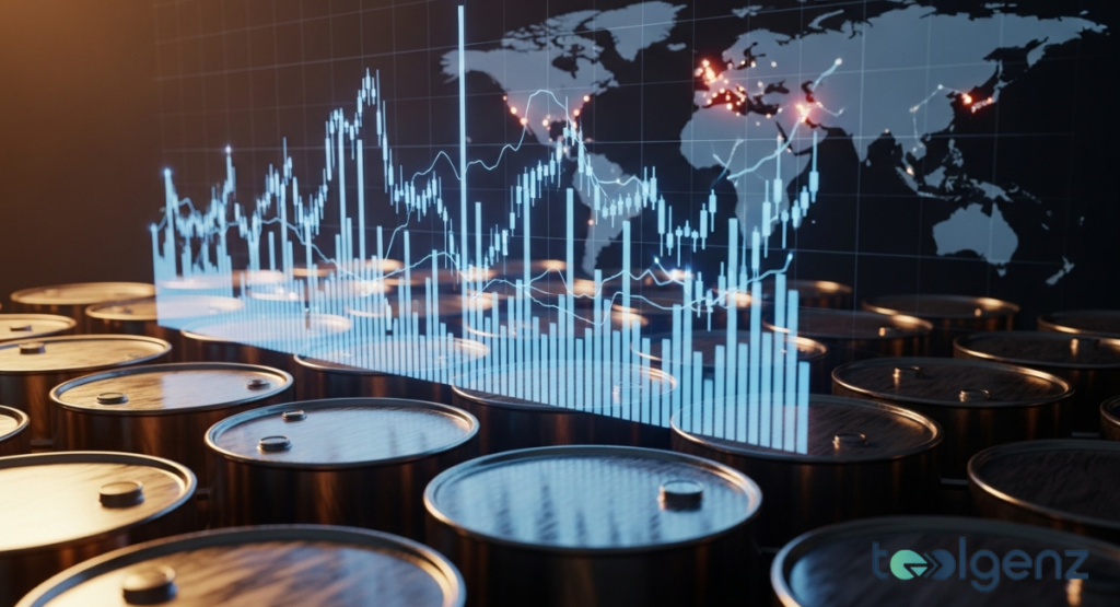 A dark, industrial scene features numerous oil barrels with an overlay of glowing financial graphs. A world map with illuminated hotspots suggests global conflicts and market volatility.